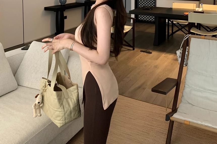 Plain Square-Neck Slit Padded Cami / Flared High-Waisted Trousers