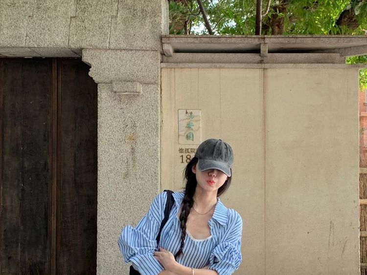 Striped Crop Cami Top / Long-Sleeved Collared Shirt / Plain High-Rise Baggy Pants / Set