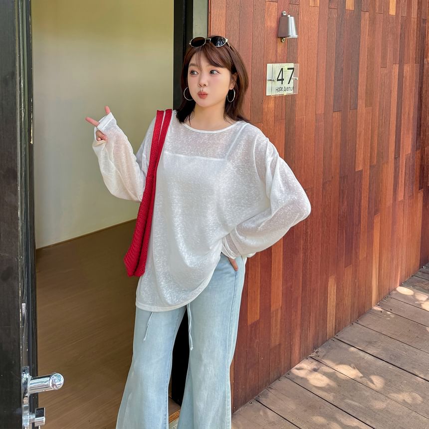 Plain Open-Back Round-Neck Long-Sleeved Tee [2XL-4XL]