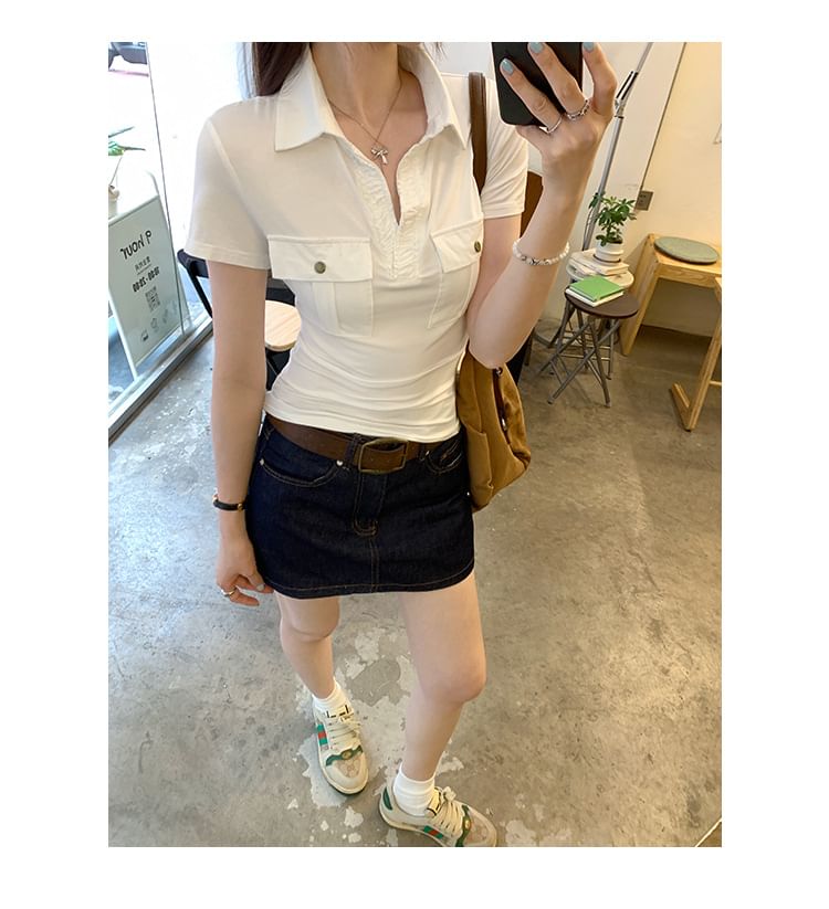 Slim-Fit V-Neck Short-Sleeved Polo Shirt with Pocket