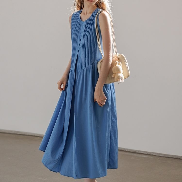 Plain Pintuck Crew-Neck Sleeveless Midi Tunic Dress