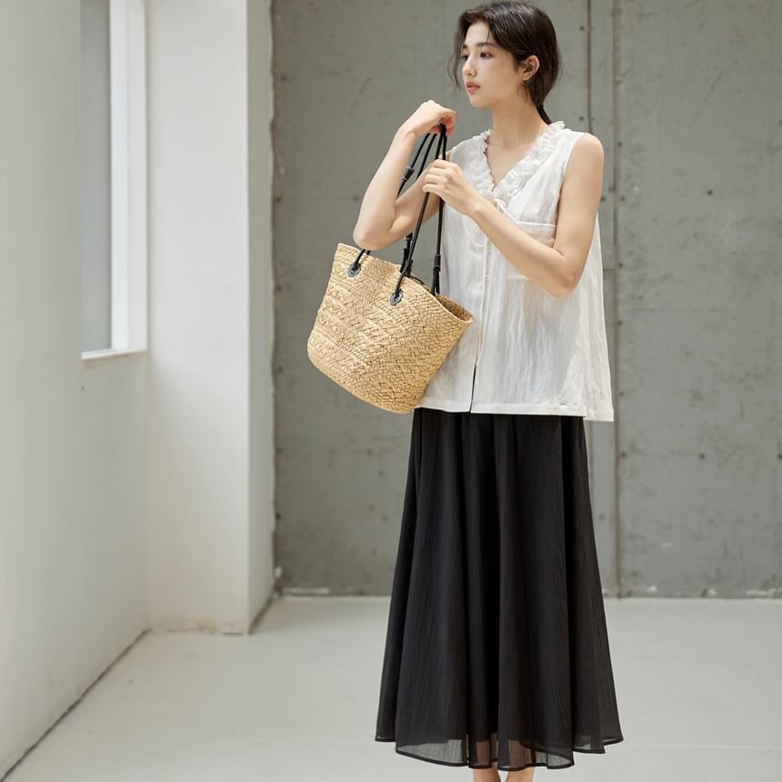 Plain Button-Up Frill-Trim V-Neck Sleeveless Blouse
