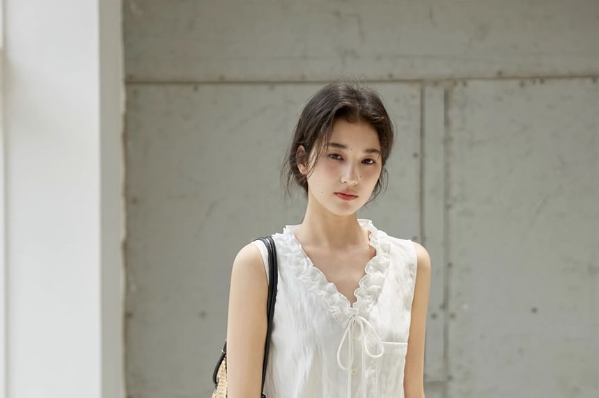 Plain Button-Up Frill-Trim V-Neck Sleeveless Blouse