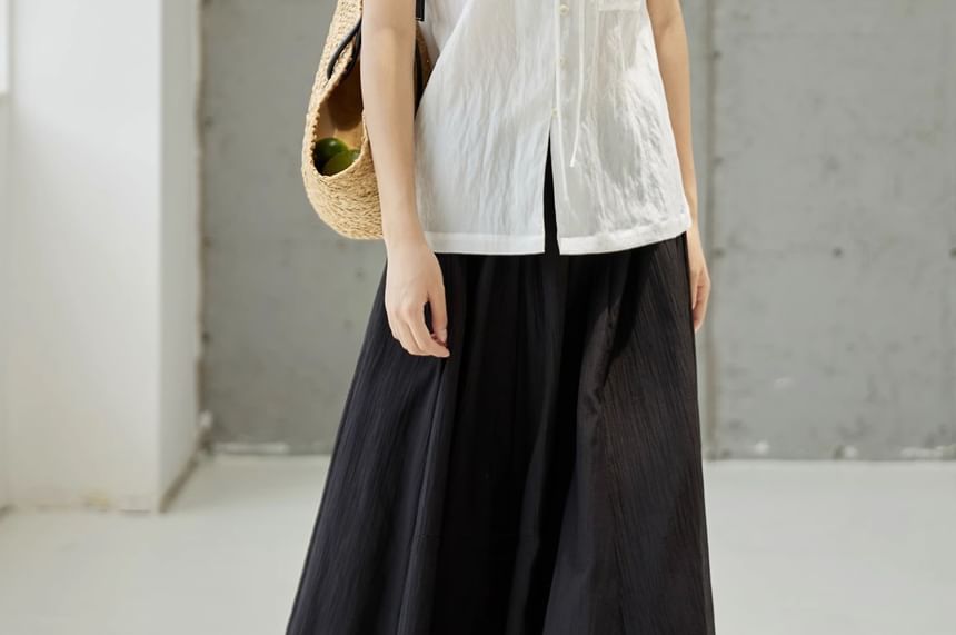 Plain Button-Up Frill-Trim V-Neck Sleeveless Blouse
