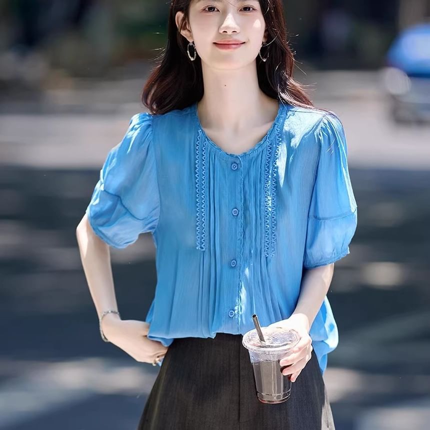 Plain Pintuck Button-Up Crew-Neck Elbow-Sleeved Blouse