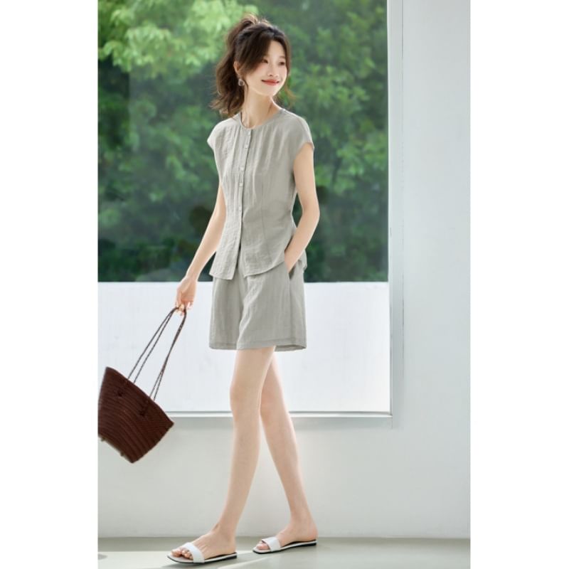 Set: Plain Button-Up Round-Neck Cap-Sleeved Blouse + High-Waisted Wide-Leg Shorts