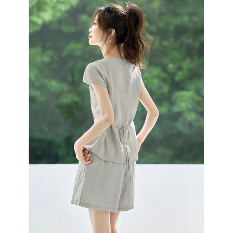 Set: Plain Button-Up Round-Neck Cap-Sleeved Blouse + High-Waisted Wide-Leg Shorts