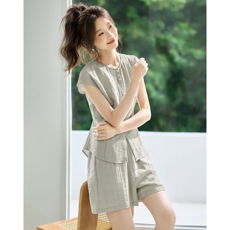 Set: Plain Button-Up Round-Neck Cap-Sleeved Blouse + High-Waisted Wide-Leg Shorts