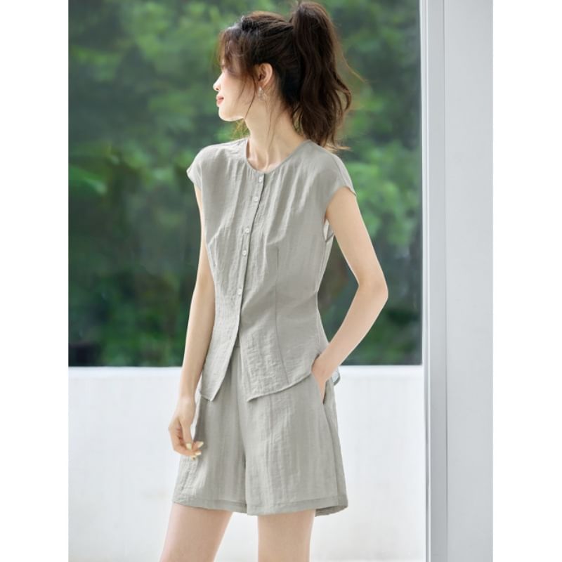 Set: Plain Button-Up Round-Neck Cap-Sleeved Blouse + High-Waisted Wide-Leg Shorts
