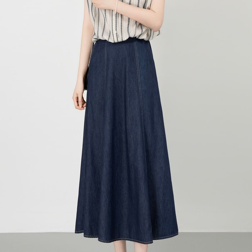 Set: Striped Collared Drawstring Button-Up Cap-Sleeved Crop Blouse + Denim High-Waisted Midi A-Line Skirt