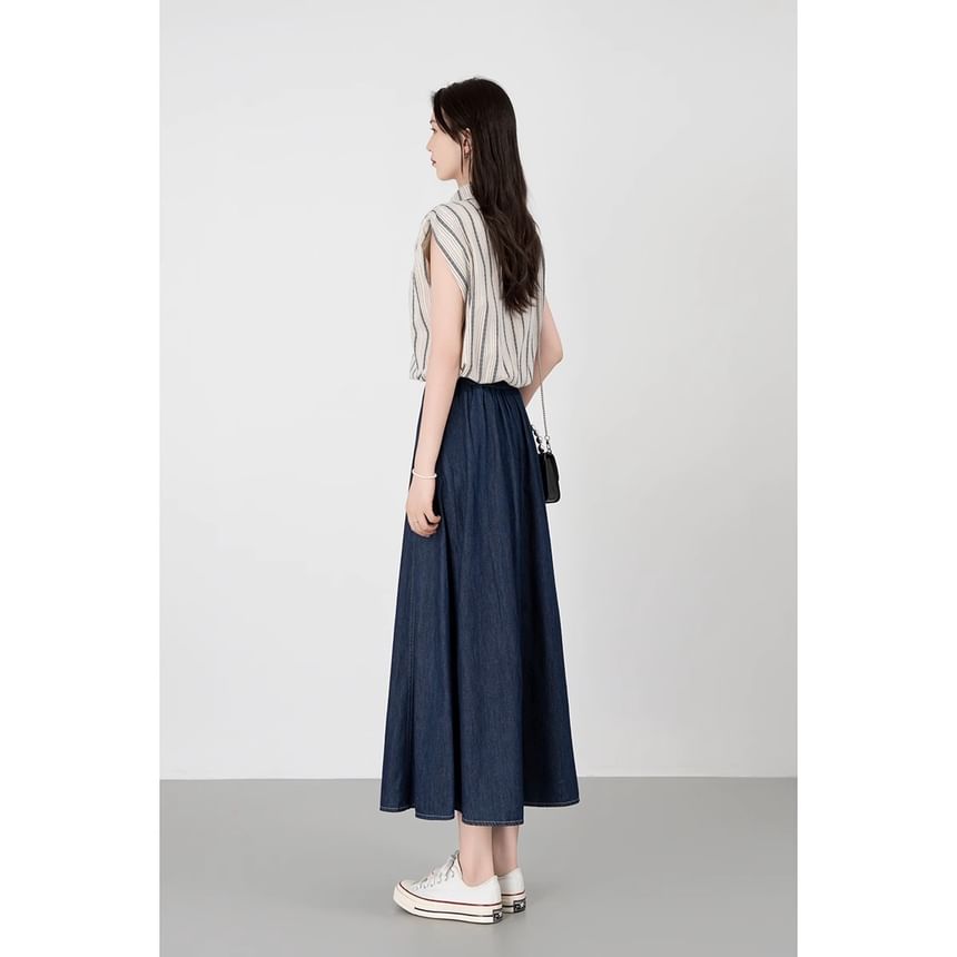 Set: Striped Collared Drawstring Button-Up Cap-Sleeved Crop Blouse + Denim High-Waisted Midi A-Line Skirt