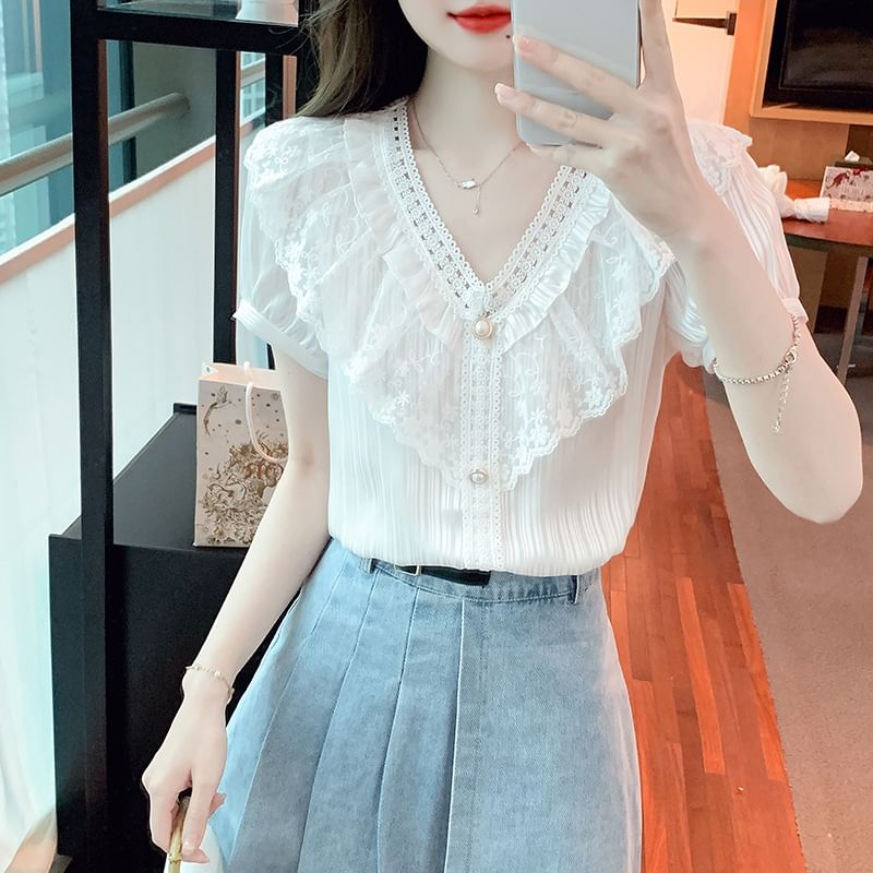 Lace Paneled Ruffled Button-Up V-Neck Short-Sleeved Blouse