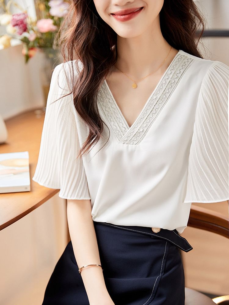 Sheer Paneled Accordion-Pleated V-Neck Short-Sleeved Blouse