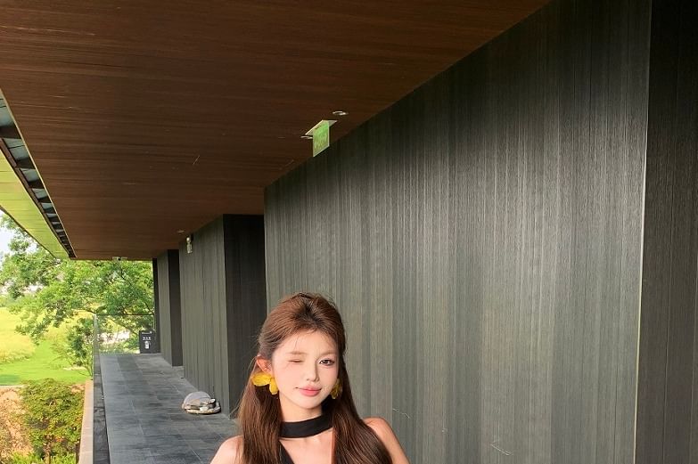 Plain Halter V-Neck Tunic / High-Waisted Culottes