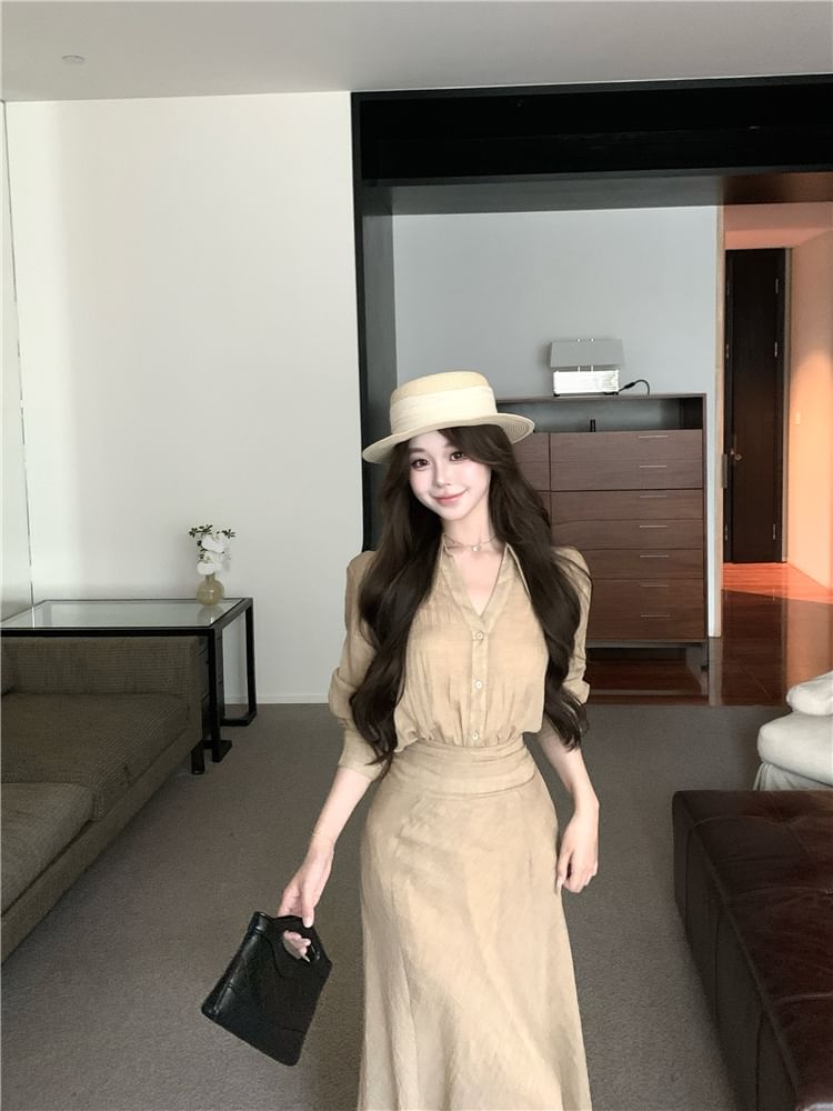 Plain Collared Button-Up V-Neck Long-Sleeved Blouse / High-Waisted A-Line Skirt (Various Designs)