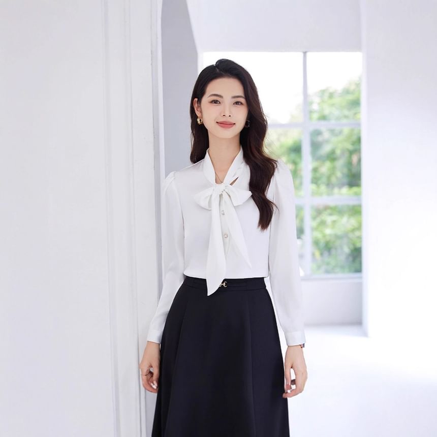 Plain Tie-Neck Long-Sleeved Blouse / High-Waisted Midi A-Line Skirt