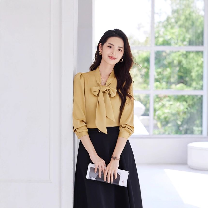 Plain Tie-Neck Long-Sleeved Blouse / High-Waisted Midi A-Line Skirt