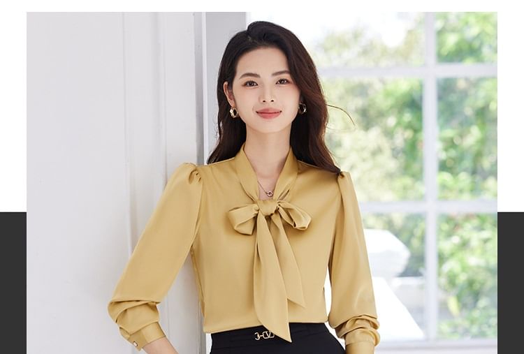 Plain Tie-Neck Long-Sleeved Blouse / High-Waisted Midi A-Line Skirt