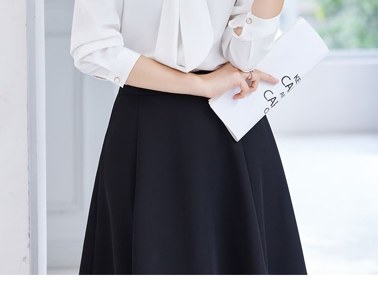 Plain Tie-Neck Long-Sleeved Blouse / High-Waisted Midi A-Line Skirt