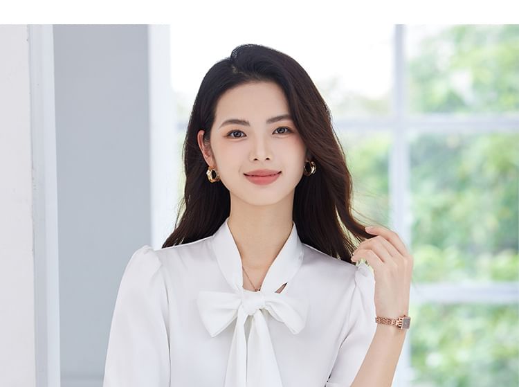 Set: Plain Tie-Neck Long-Sleeved Blouse + High-Rise Midi A-Line Skirt