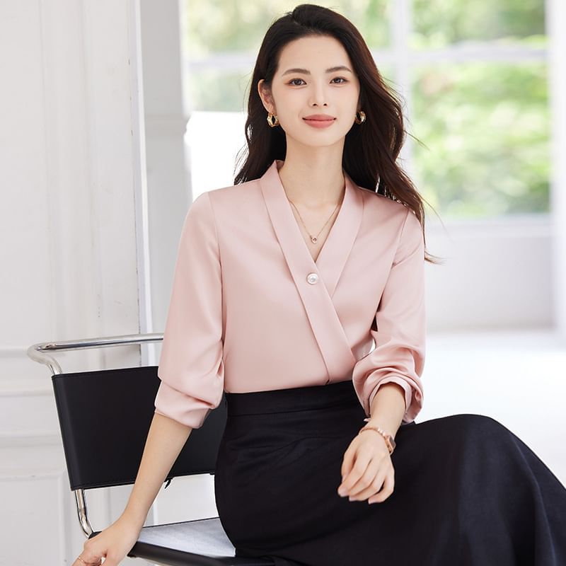 Set: Plain V-Neck Long-Sleeved Blouse + High-Waisted Midi Straight Skirt