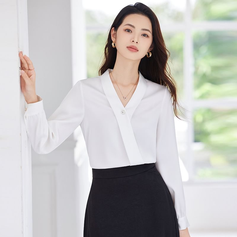 Set: Plain V-Neck Long-Sleeved Blouse + High-Waisted Midi Straight Skirt