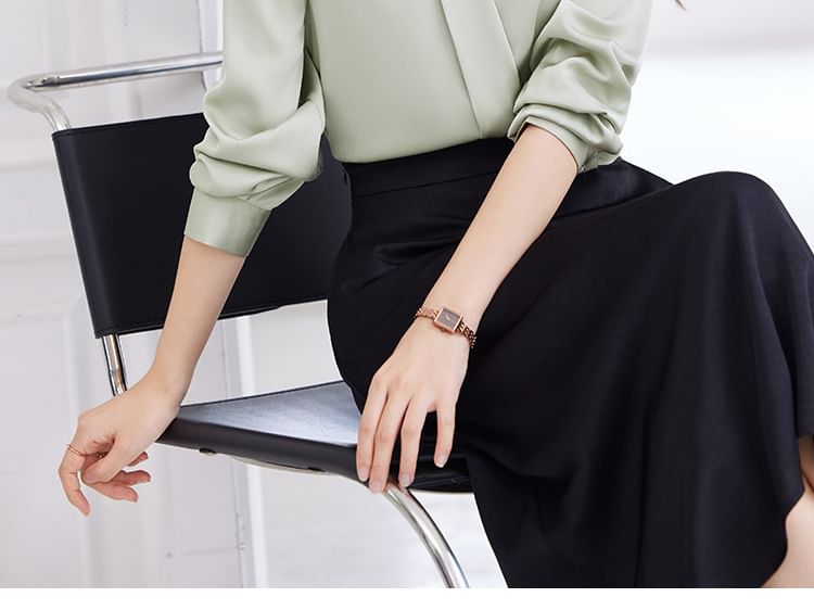 Set: Plain V-Neck Long-Sleeved Blouse + High-Waisted Midi Straight Skirt