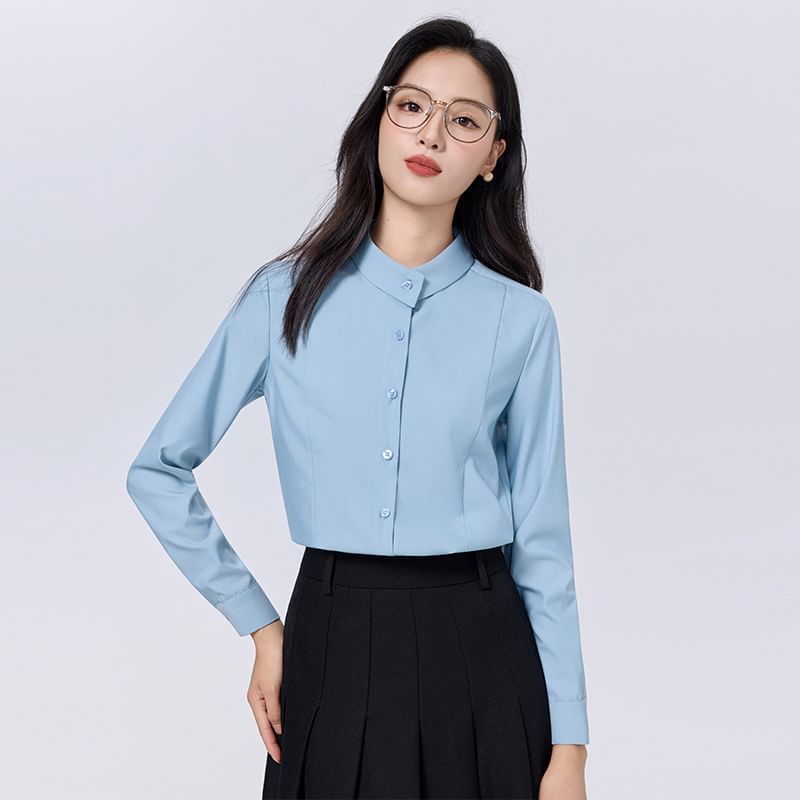 Plain Band-Collar Long-Sleeved Shirt