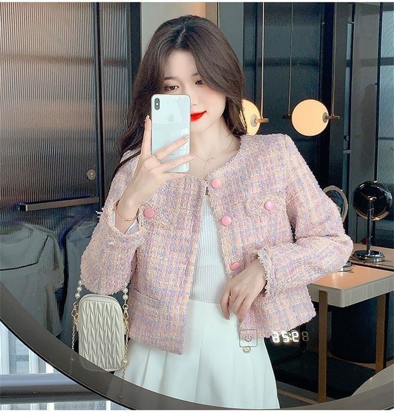 Round Neck Fringed Tweed Button Jacket