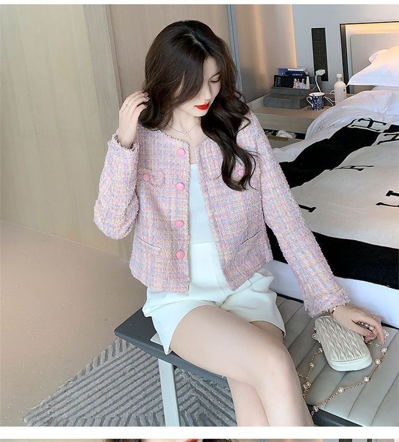 Round Neck Fringed Tweed Button Jacket