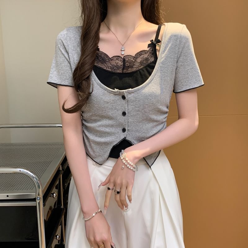 Lace-Trimmed Mock Two-Piece Short-Sleeved Top