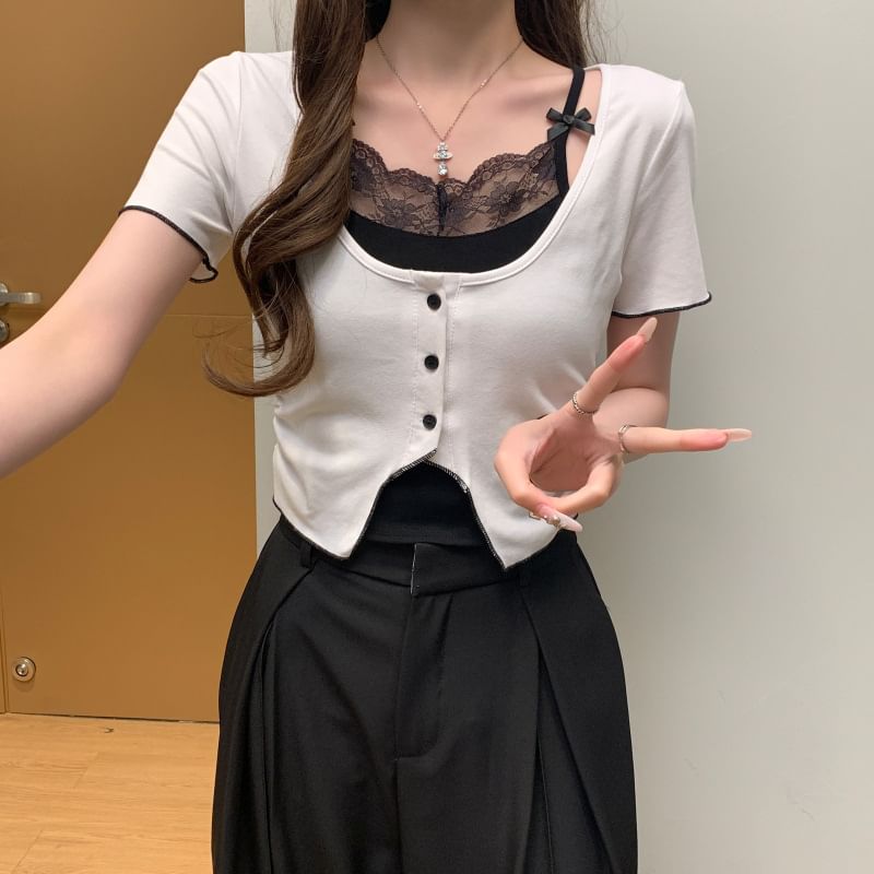 Lace-Trimmed Mock Two-Piece Short-Sleeved Top