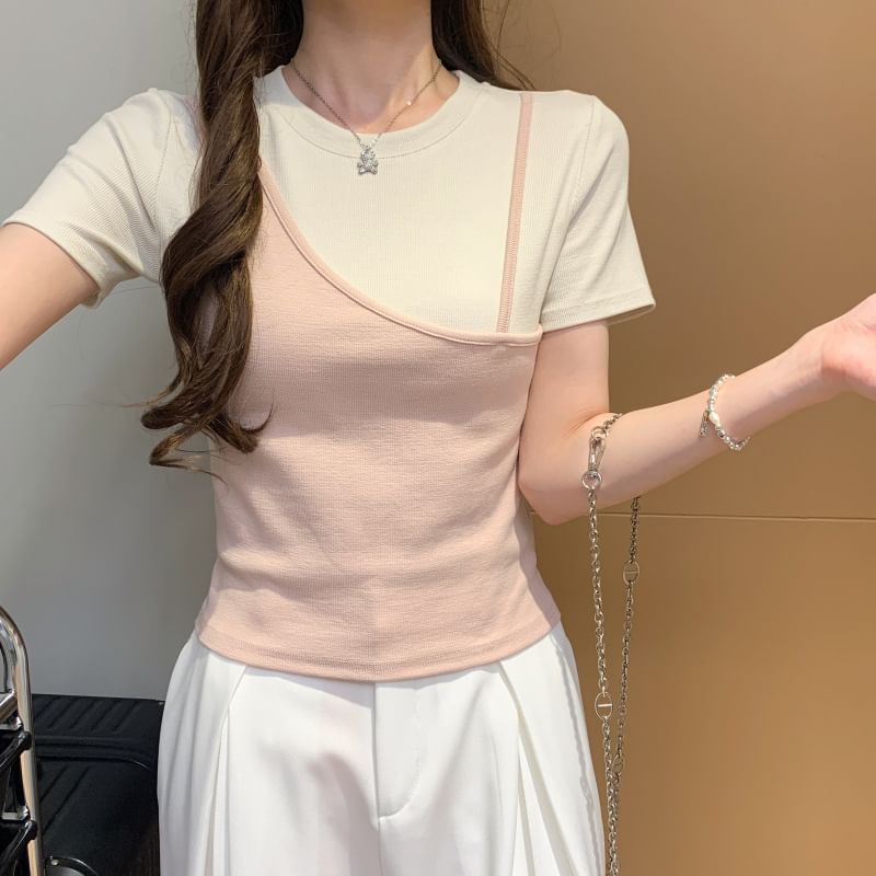 Plain Mock Two-Piece Crewneck Short-Sleeved T-Shirt