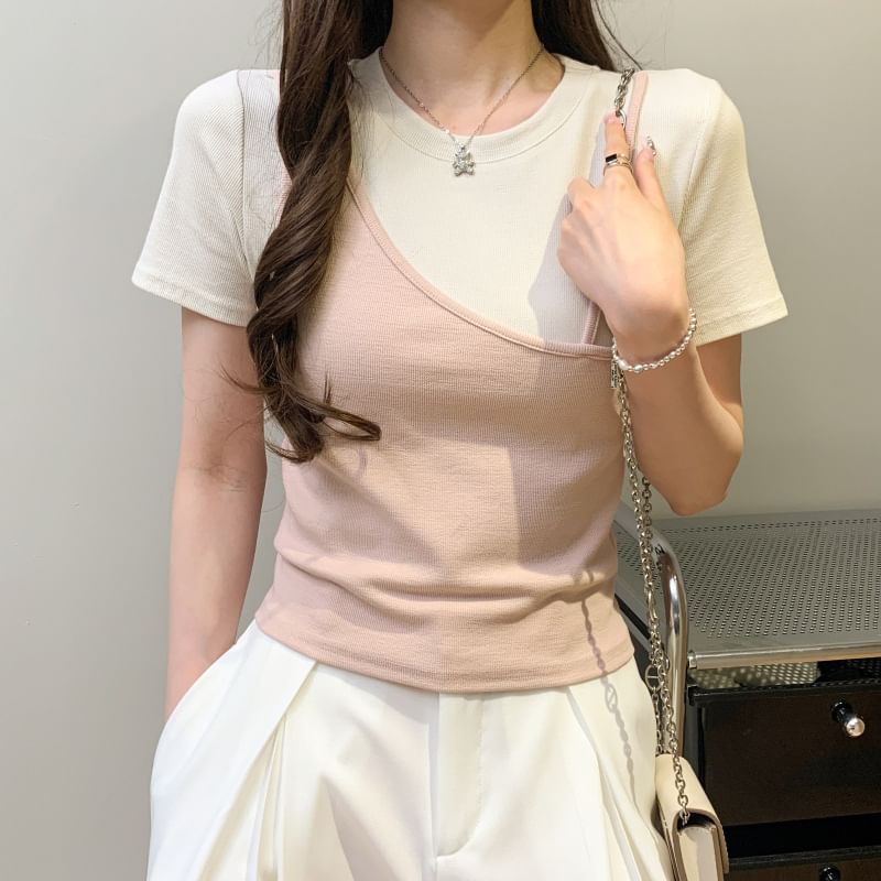Plain Mock Two-Piece Crewneck Short-Sleeved T-Shirt