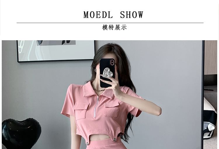 Set: Plain Half-Zip Short-Sleeved Cropped Polo + High-Waisted Slit Midi Pencil Skirt