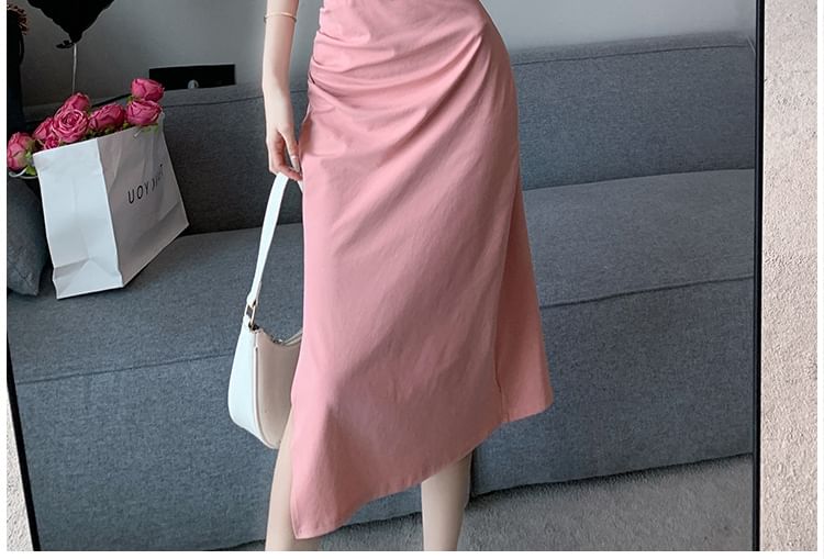 Set: Plain Half-Zip Short-Sleeved Cropped Polo + High-Waisted Slit Midi Pencil Skirt