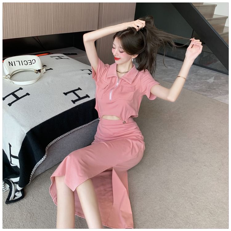 Set: Plain Half-Zip Short-Sleeved Cropped Polo + High-Waisted Slit Midi Pencil Skirt