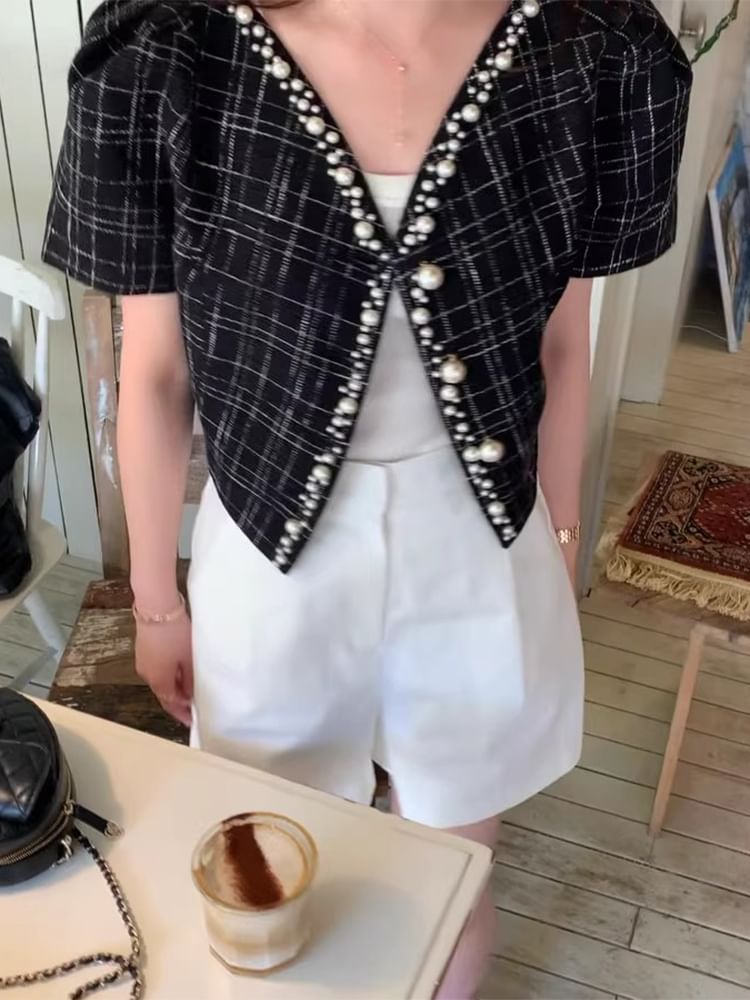 Short Sleeve V-Neck Faux Pearl Beaded Tweed Jacket
