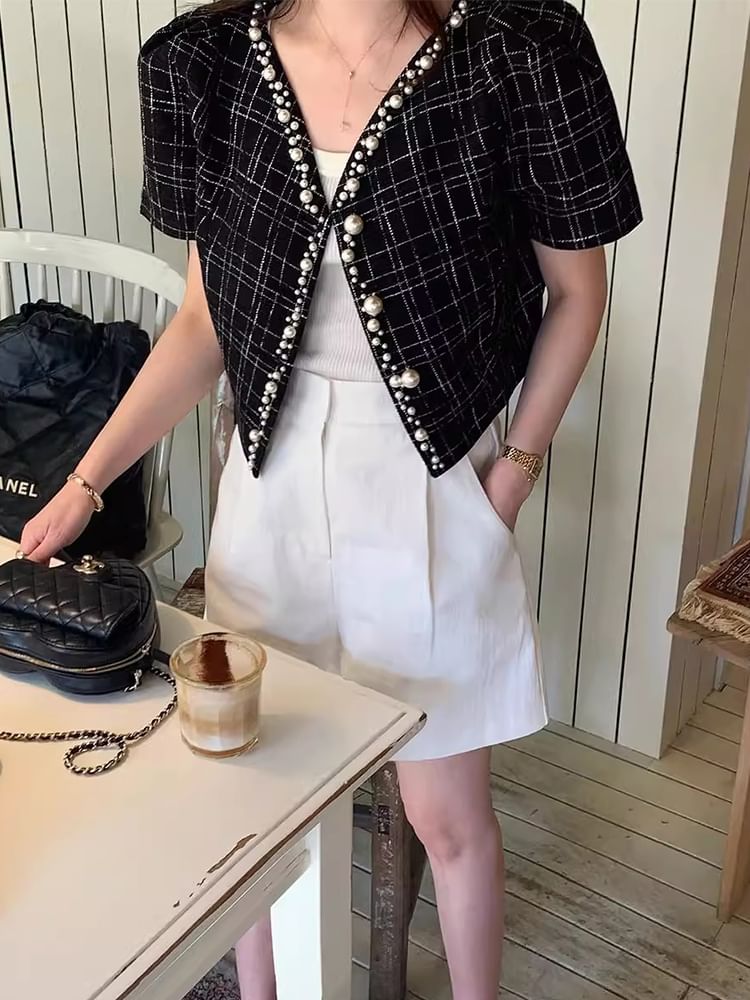 Short Sleeve V-Neck Faux Pearl Beaded Tweed Jacket