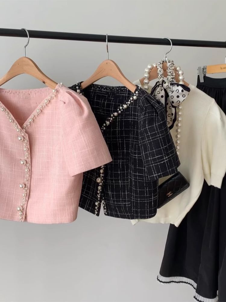 Short Sleeve V-Neck Faux Pearl Beaded Tweed Jacket