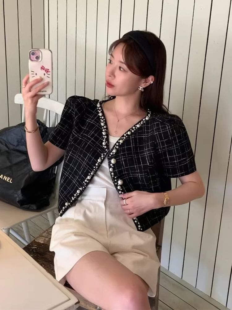 Short Sleeve V-Neck Faux Pearl Beaded Tweed Jacket