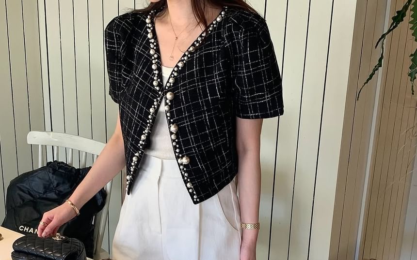 Short Sleeve V-Neck Faux Pearl Beaded Tweed Jacket