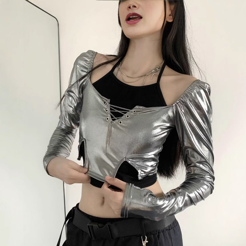 Mock Two-Piece Long-Sleeve Halter-Neck Chained-Up Crop Top / Low Waist Cargo Pants