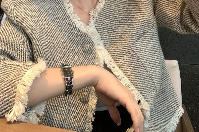 Striped Fringed Tweed Button Jacket