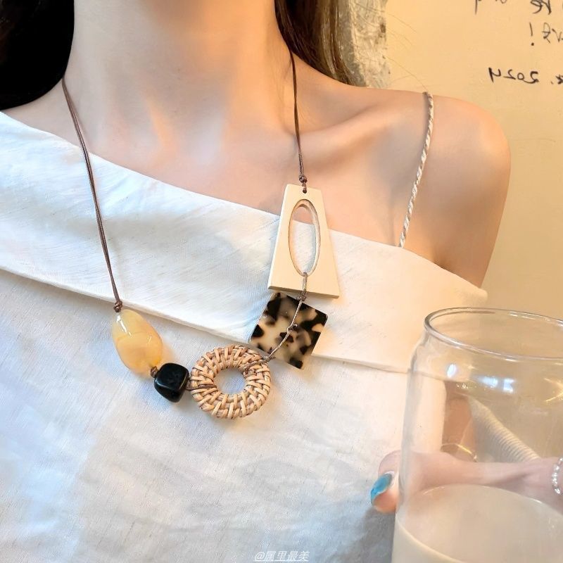 Rattan Cord Acetate Geometric Necklace