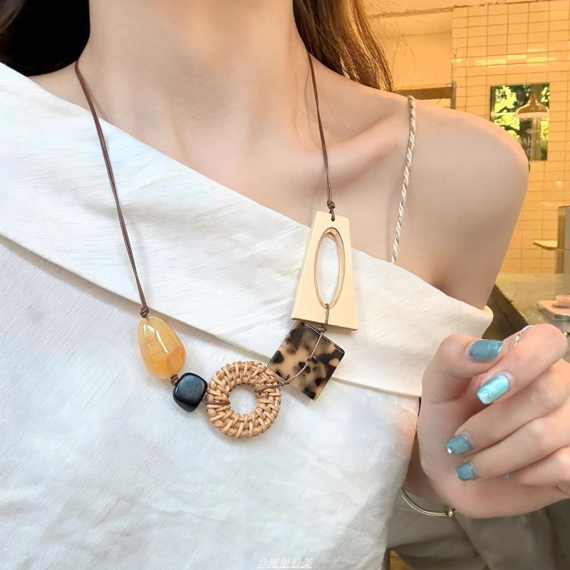 Rattan Cord Acetate Geometric Necklace