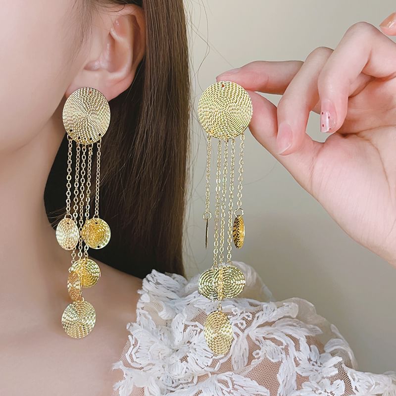 Disc Chandelier Fringed Alloy Textured Earring
