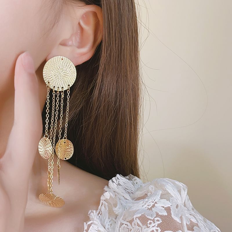 Disc Chandelier Fringed Alloy Textured Earring