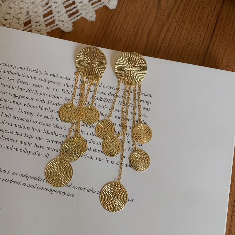 Disc Chandelier Fringed Alloy Textured Earring