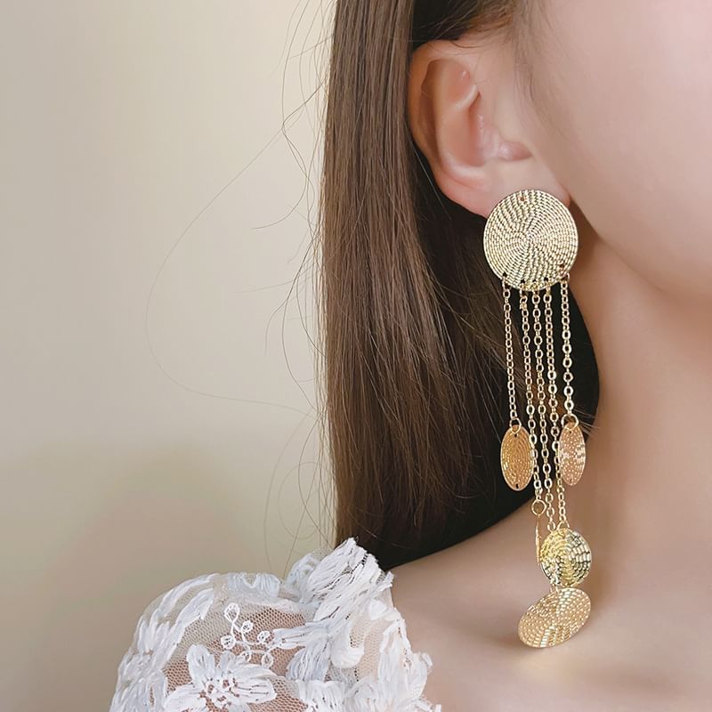 Disc Chandelier Fringed Alloy Textured Earring